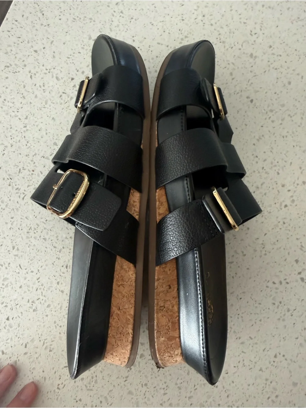 Vince Camuto Black Slide Sandals with Gold Buckle Detail